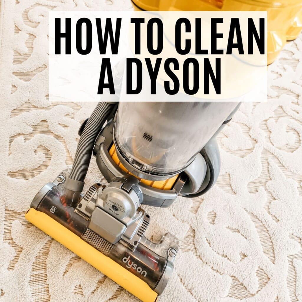 a clean yellow and gray dyson vacuum with text overlay