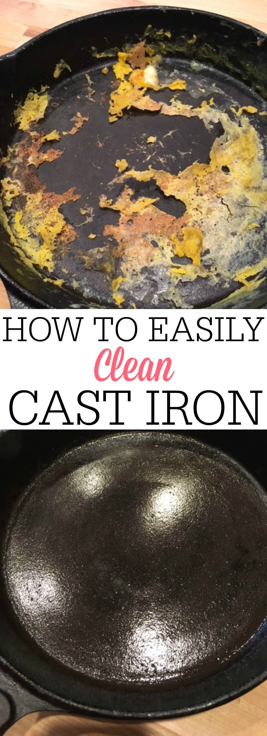 Clean your cast iron skillet in SECONDS with this simple tip. See how to easily clean a cast iron skillet and never have to scrub again.