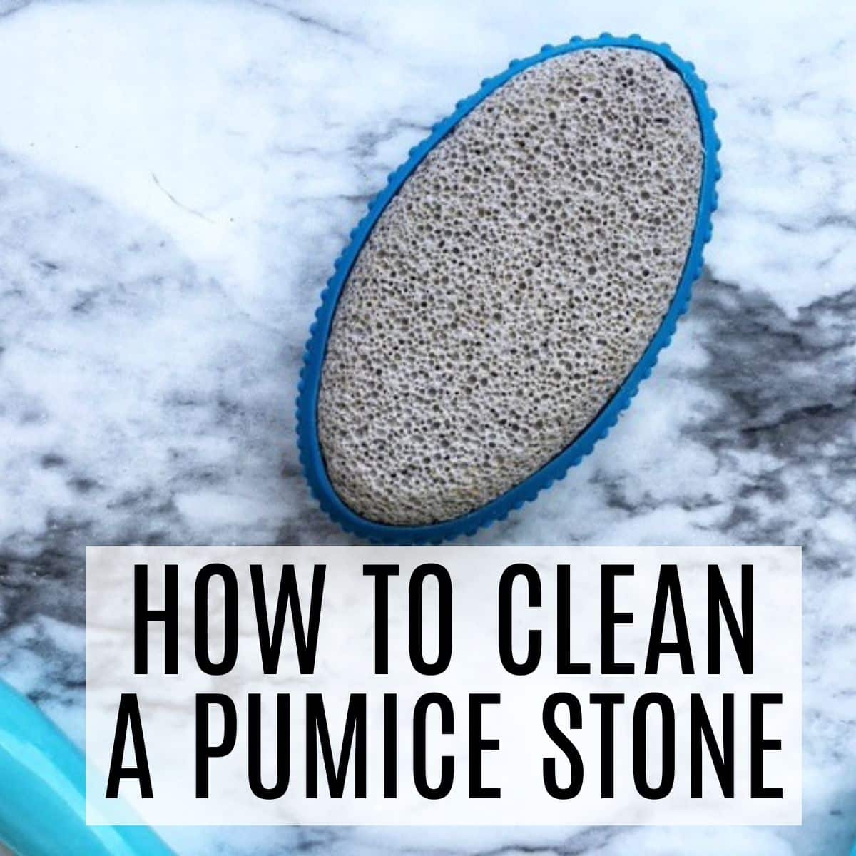 a cleaned pumice stone sitting on the counter with text overlay.